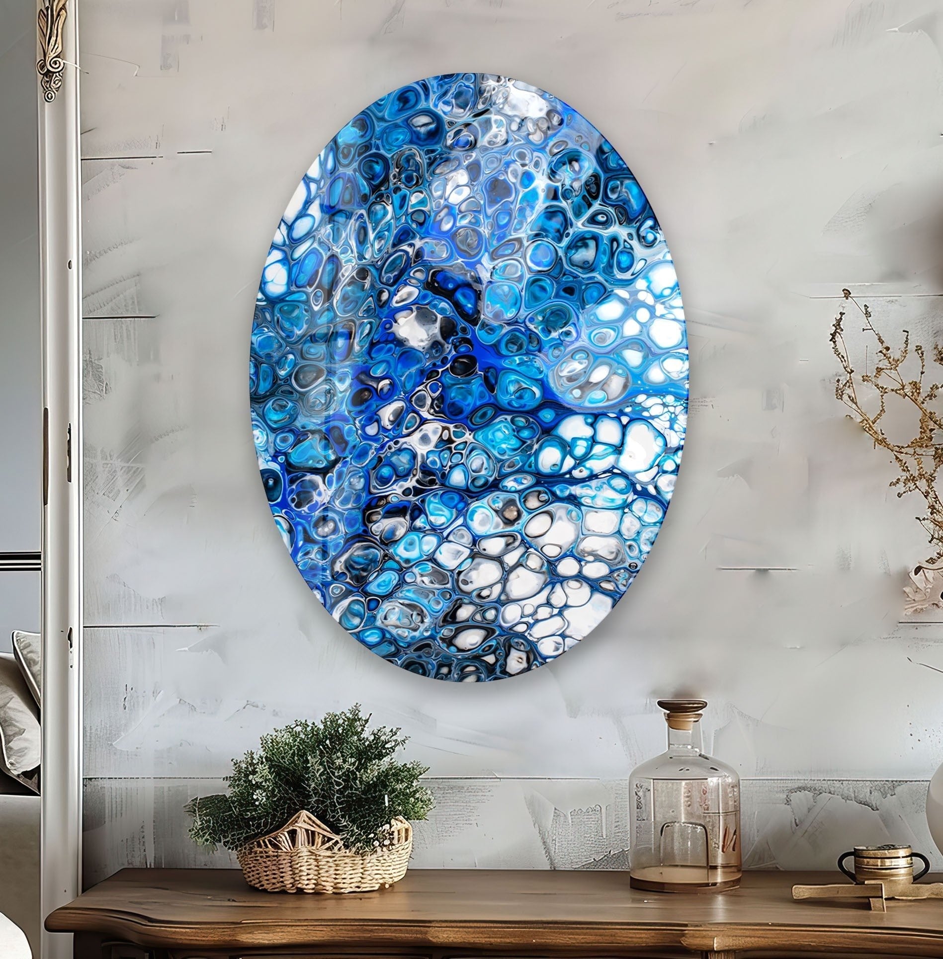 Asymmetrical Oval Stained Navy Blue Glass Wall Art - Handmade Modern Home Decor for Living Room, Bedroom & Office - Unique Abstract Glass Wall Hanging for Contemporary Interior Design