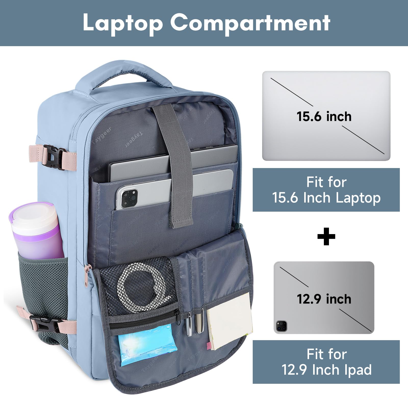 Taygeer Women's Travel Backpack with USB Charging Port & Shoe Compartment - 15.6 Inch TSA Approved Laptop Backpack for Flight, Nursing, Hiking & Casual Use - Lightweight Carry On Daypack for Women (Powder Purple) | Perfect for Travel, Work, School & Outdoor Adventures