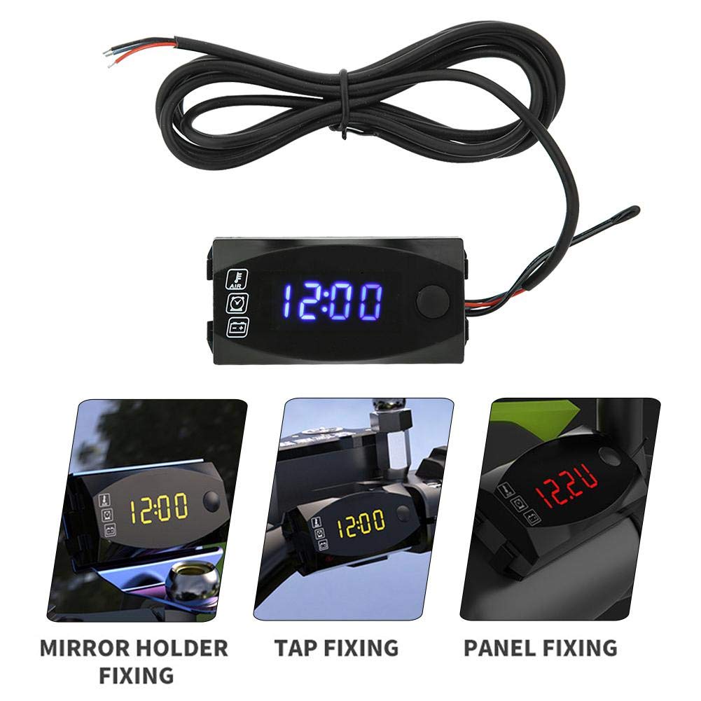 3-in-1 Motorcycle LED Meter - Voltmeter Thermometer Clock (Blue) for Bike Dashboard