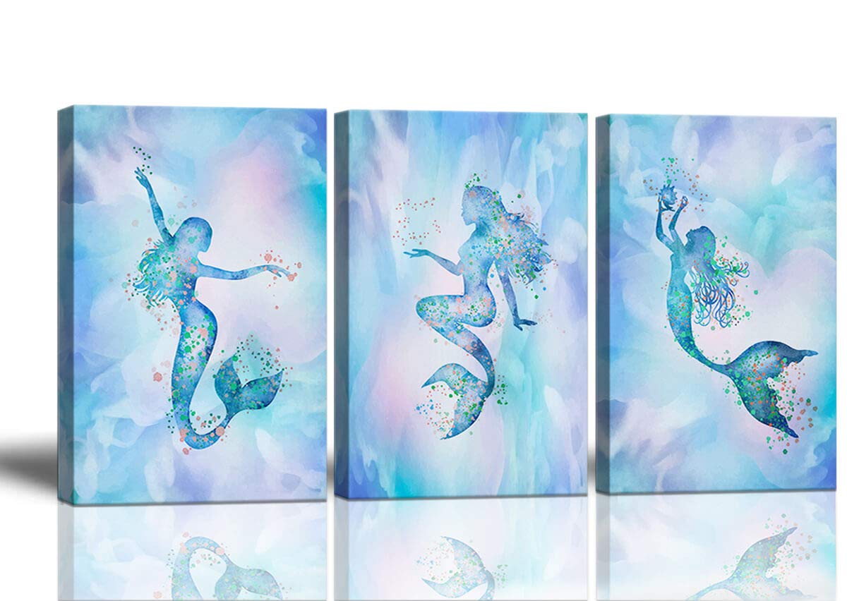 Colorful Mermaid Canvas Wall Art - Large Framed Watercolor Painting for Bathroom, Bedroom & Girls Room Decor - Perfect for Beach Themed Home Decor & Nursery Wall Hangings