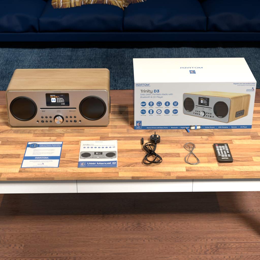 AZATOM Trinity DAB/DAB+ CD Player with FM Radio, Bluetooth 5.0, Stereo Speakers, Digital Clock, USB Charger & Player - Premium Sound Quality (Oak Finish, Refurbished) - Perfect for Home, Office & Bedroom Audio Entertainment