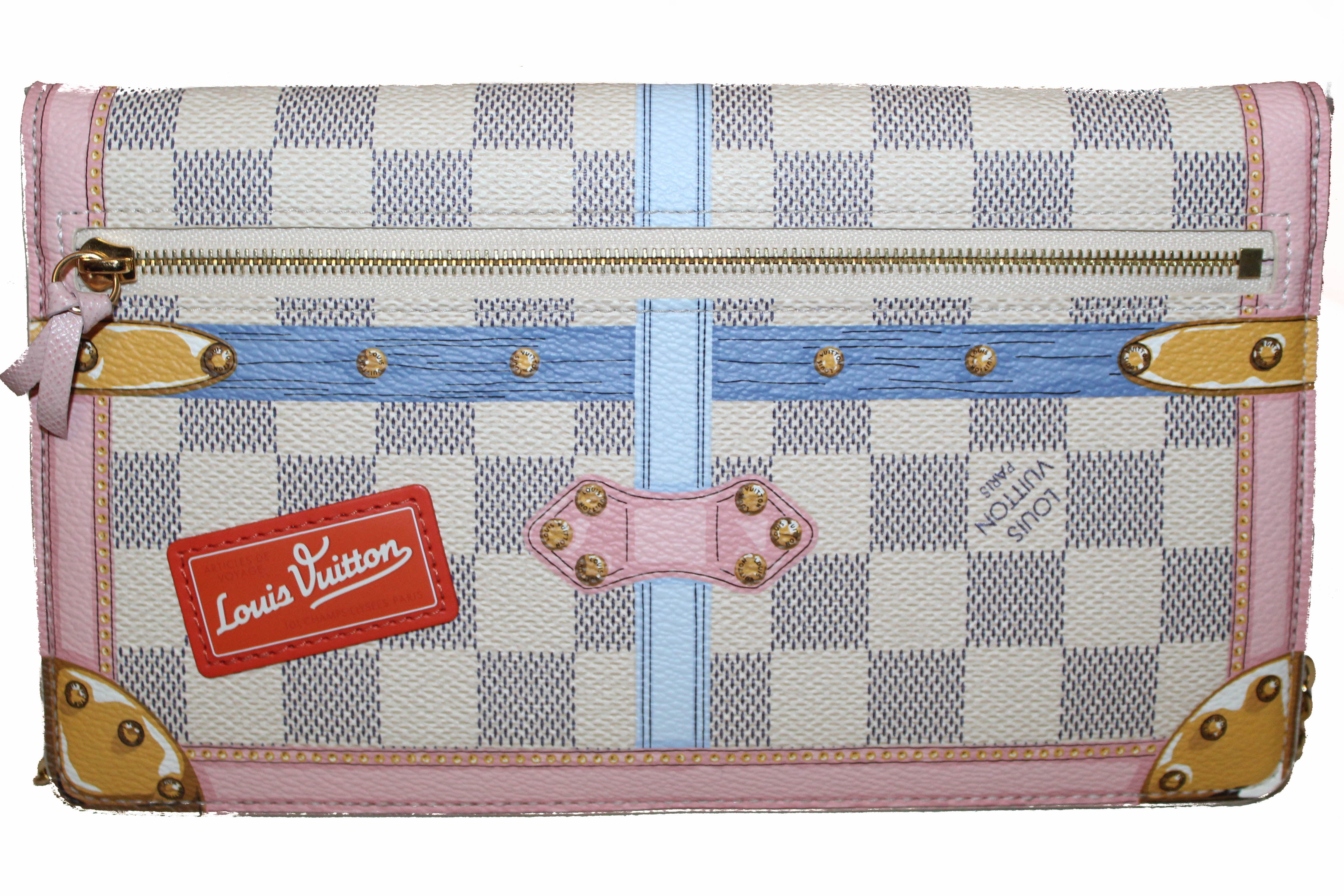 Authentic Louis Vuitton Damier Azur Canvas Weekend Shoulder Bag with Gold Chain Strap - Luxury Crossbody Purse for Women, Perfect for Travel, Shopping & Evening Events
