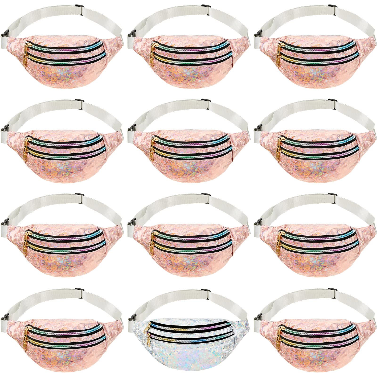 12-Piece Bachelorette Fanny Pack Set - Holographic Waist Bag for Bride & Bridesmaids | Waterproof Wedding Party Accessories (Champagne, Silver) | Perfect for Bachelorette Parties, Weddings & Festivals