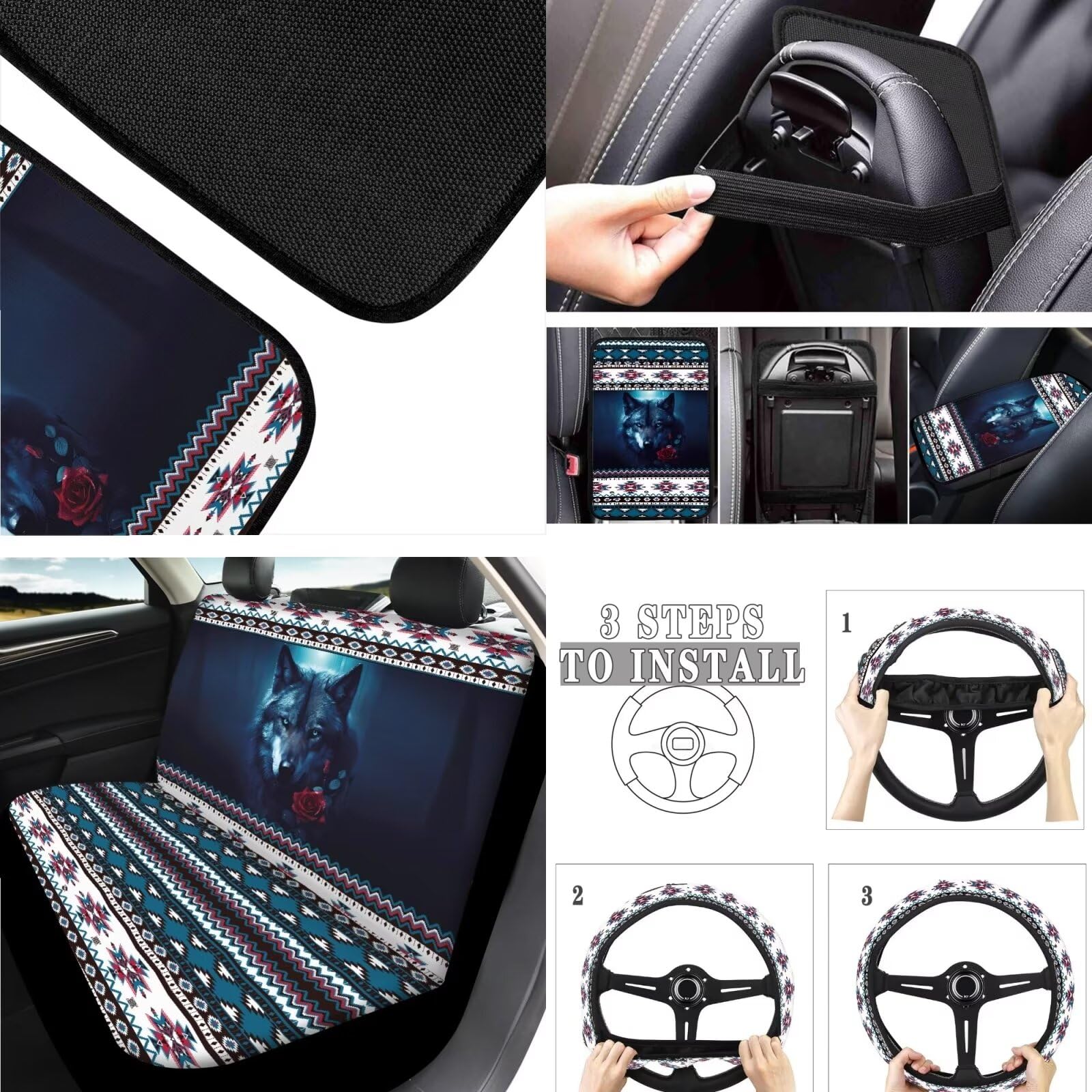 Aztec Wolf Printed Car Seat Cover Set - Easy Installation with Mats, Steering Wheel Cover, Armrest Cover & Seat Belt Covers for Adults - Includes Car Coaster & Key Chain for Lipstick - Perfect for Road Trips, Daily Commutes & Car Interior Protection