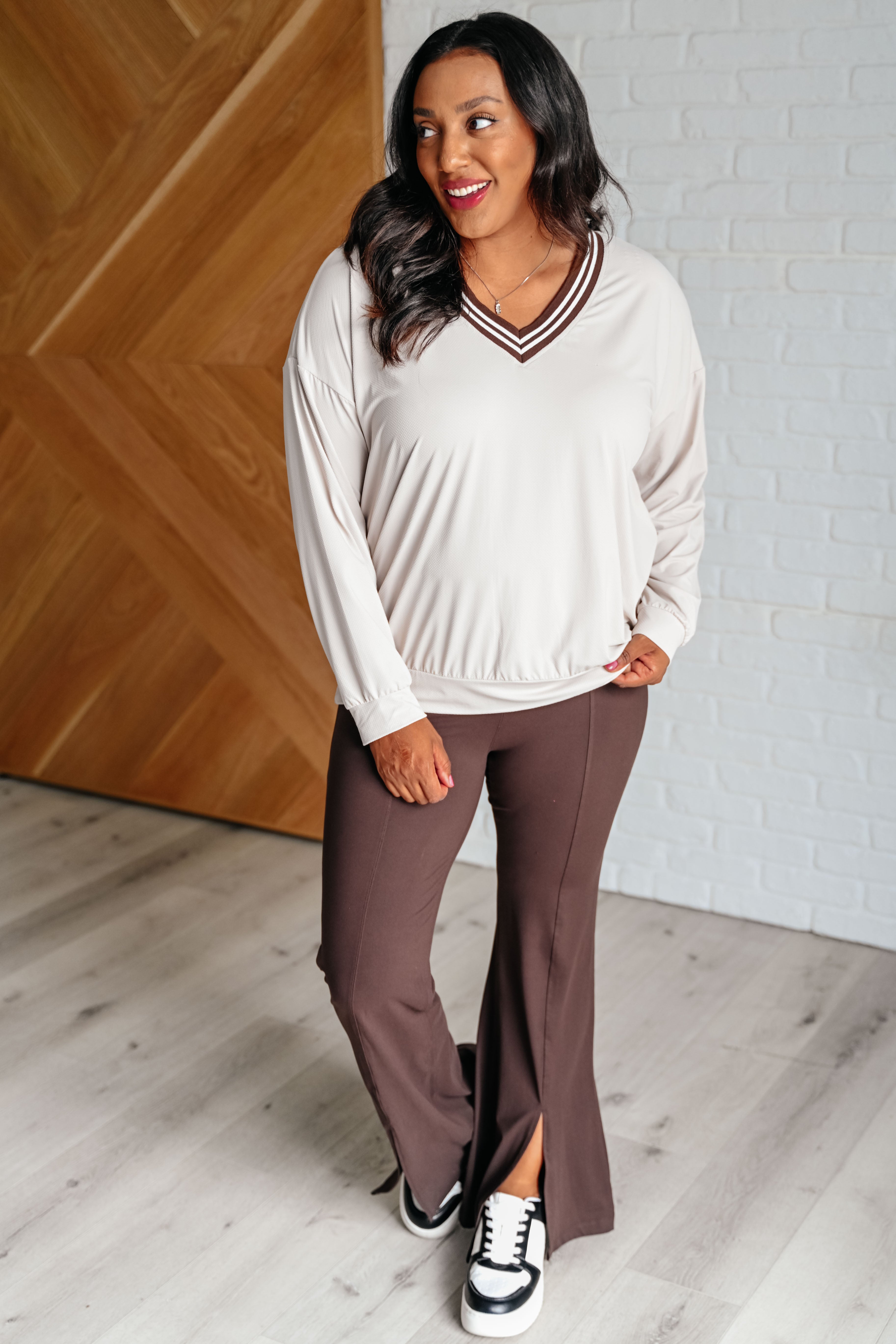 All Out Comfort V Neck Pullover Sweater - Soft Mocha Cream Women's Knit Top for Casual Wear & Layering | Cozy Fall & Winter Fashion
