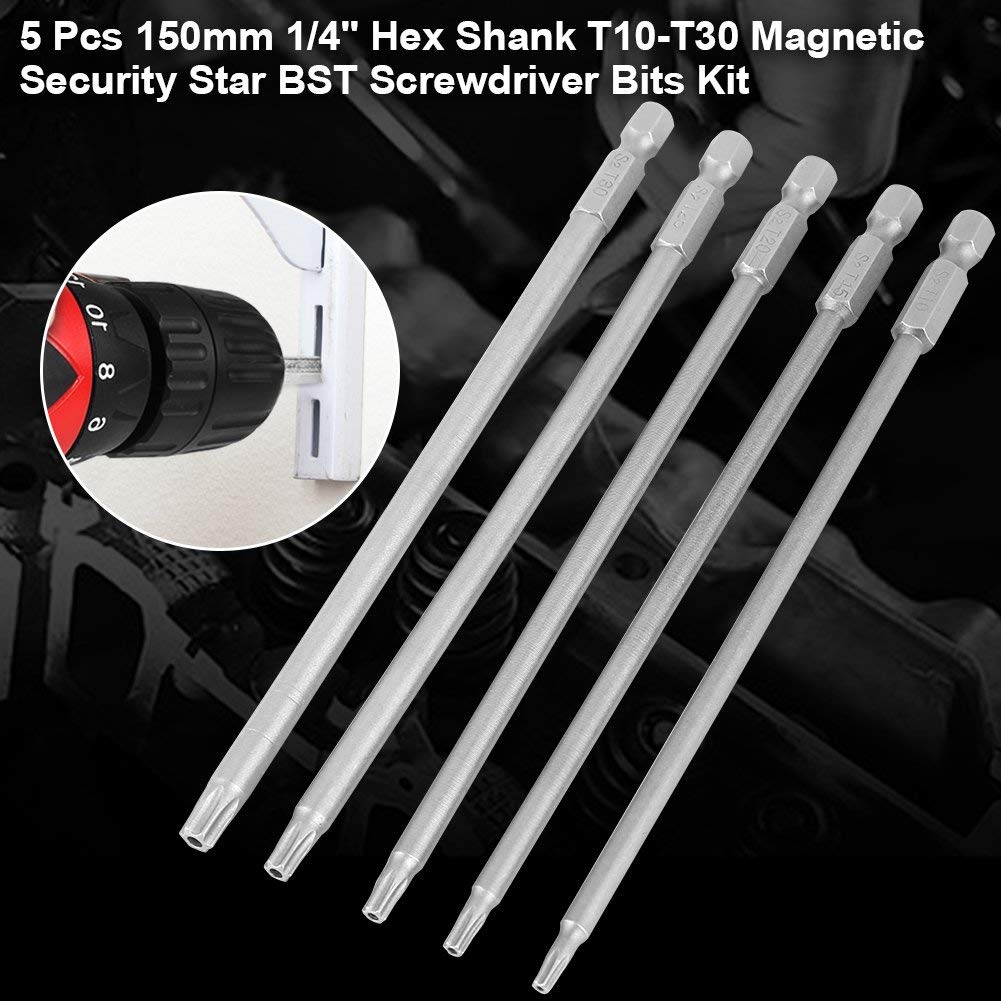 5Pcs T10-T30 Magnetic Star Torx Screwdriver Bits Set - 150mm Long 1/4