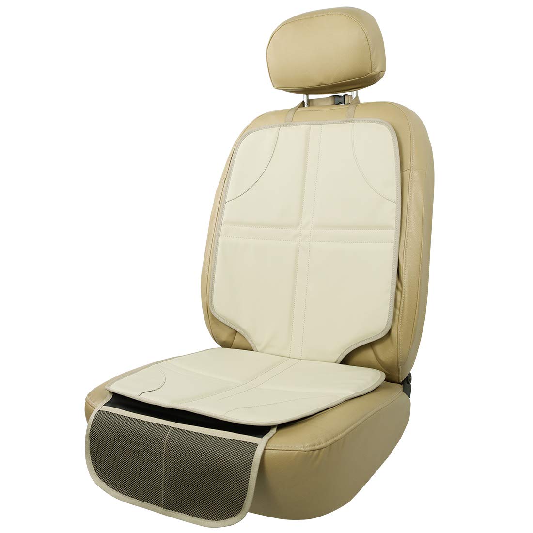 Premium Leather Car Seat Protector - Durable Waterproof Booster Seat Cover with Storage Pockets for Child Safety | Universal Fit for Toddler & Baby Car Seats | Perfect for Road Trips & Daily Commutes (Beige)