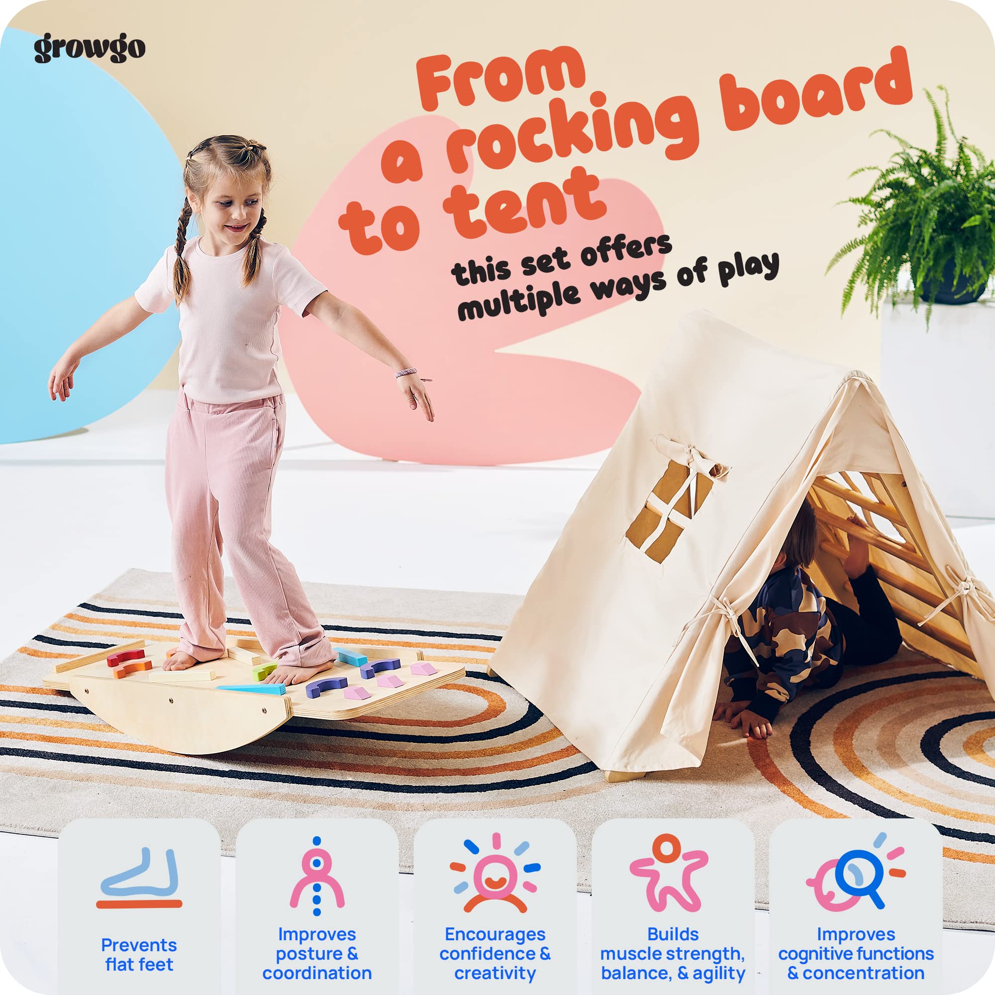 GROWGO Pikler Triangle Climber with Ramp - Montessori Wooden Climbing Toy Set for Toddlers 1-3 Years | Indoor Play Gym for Kids | Safe & Sturdy Baby Climbing Equipment | Perfect for Home, Daycare & Montessori Classrooms