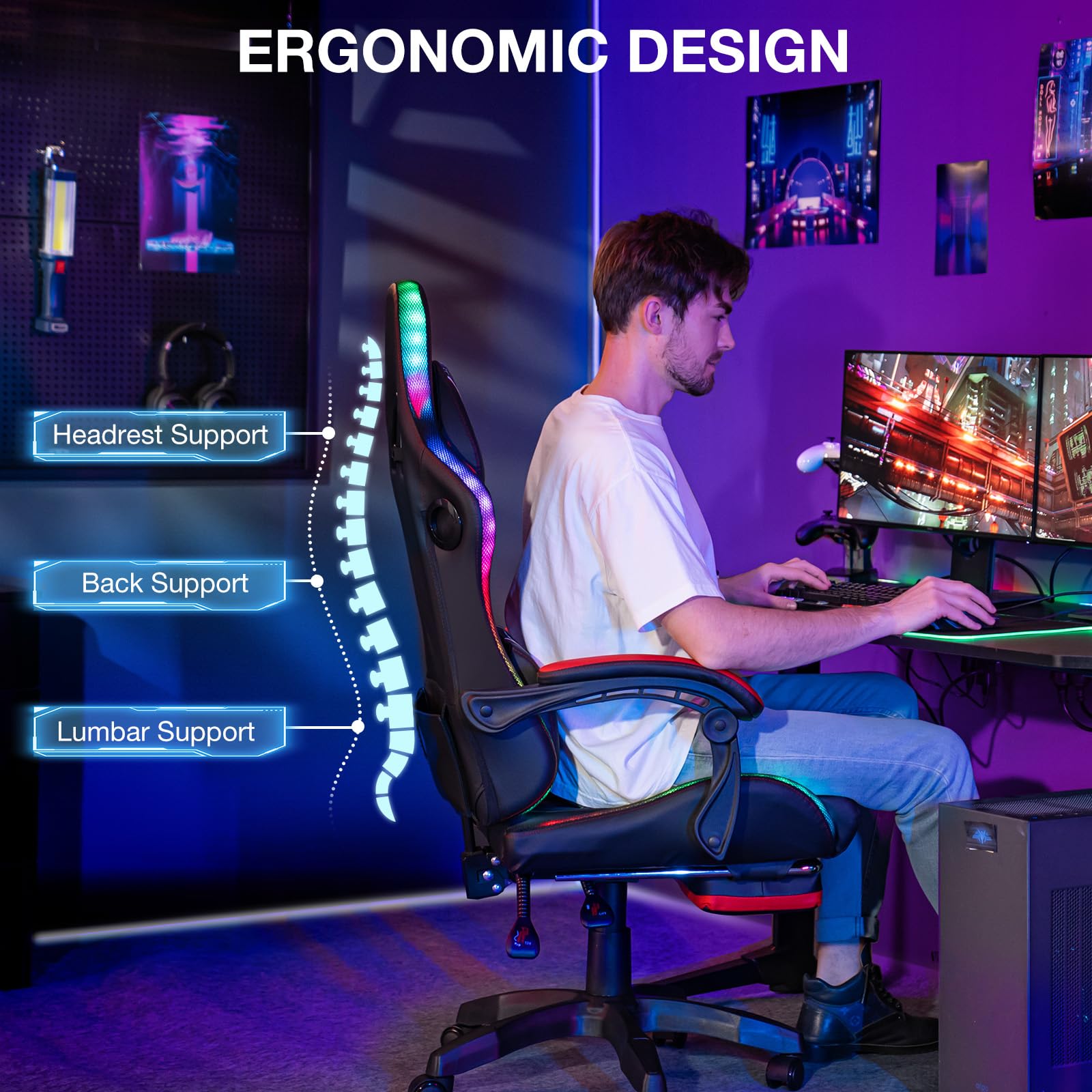 HOFFREE LED Gaming Chair with Massage & Bluetooth Speakers - Ergonomic Big and Tall PC Gaming Chair with Footrest for Adults up to 400lbs - Red and Black Computer Desk Chair for Esports, Streaming & Office Work