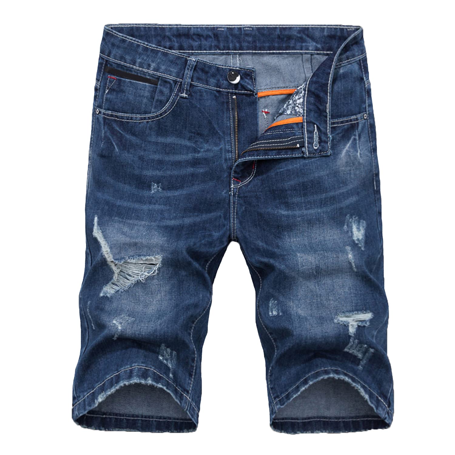 Men's Casual Ripped Denim Shorts - Summer Knee-Length Destroyed Jeans with Holes & Straight Fit | Perfect for Beach, Streetwear & Outdoor Activities