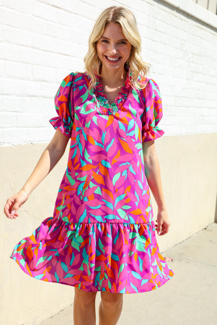 Fuchsia Tropical Leaf Print Woven Ruffle Hem Dress with Pockets - Women's Summer Beach Dress for Vacation, Party & Casual Wear