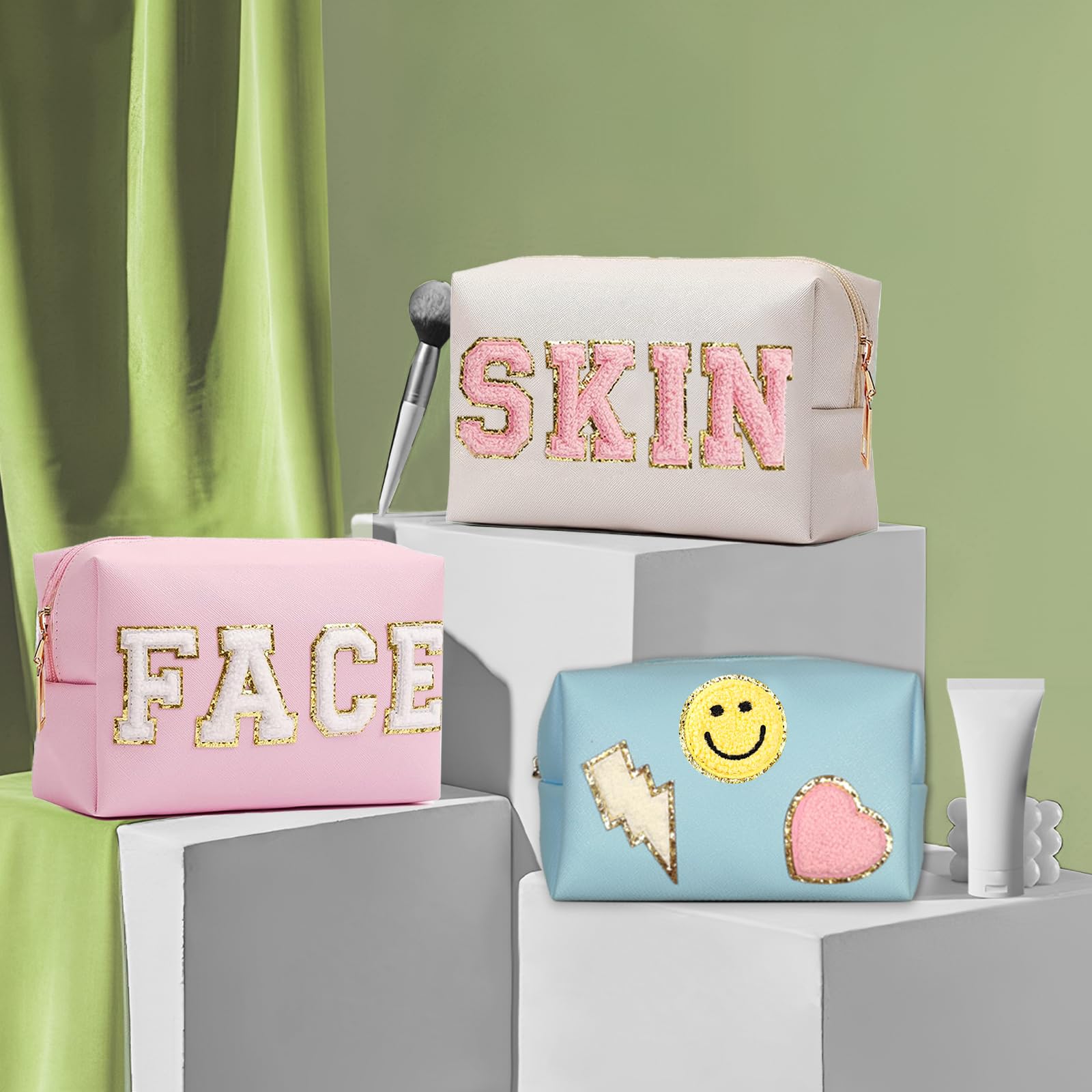 GEMLORD 3-Piece Preppy Patch Makeup Bags Set - Small Chenille Letter Cosmetic Pouches, Waterproof PU Leather Zipper Toiletry Bags for Women & Teen Girls (White, Blue, Pink) | Perfect for Travel, Gym, School & Daily Skincare Organization