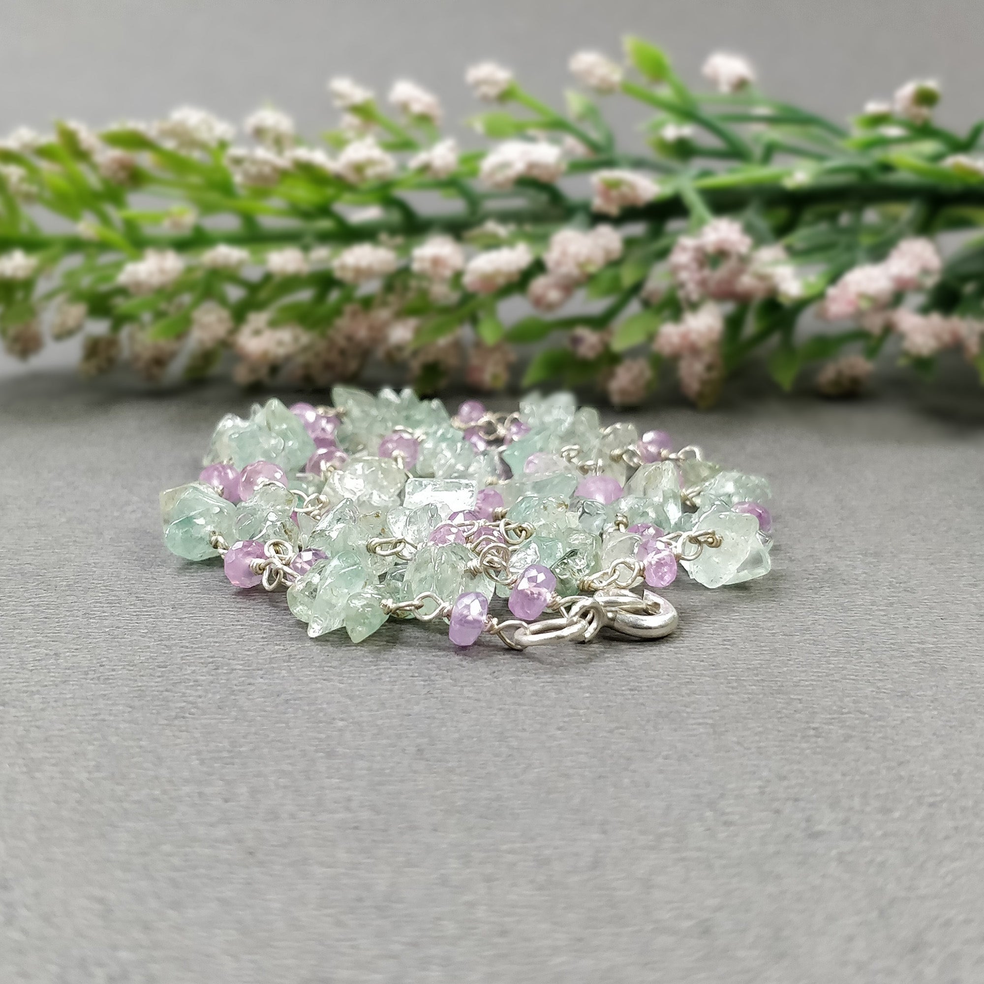 925 Sterling Silver Emerald & Pink Sapphire Gemstone Beaded Chain Necklace – Natural Uncut 18