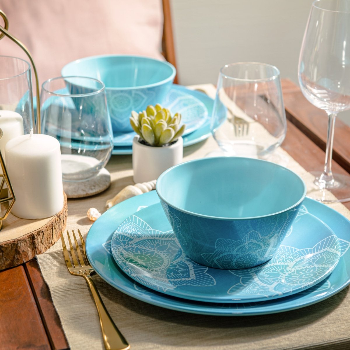 12-Piece La La Mandala Melamine Dinnerware Set - Ombre Blue Plates & Bowls for Outdoor Picnics, Parties, and Durable Everyday Use