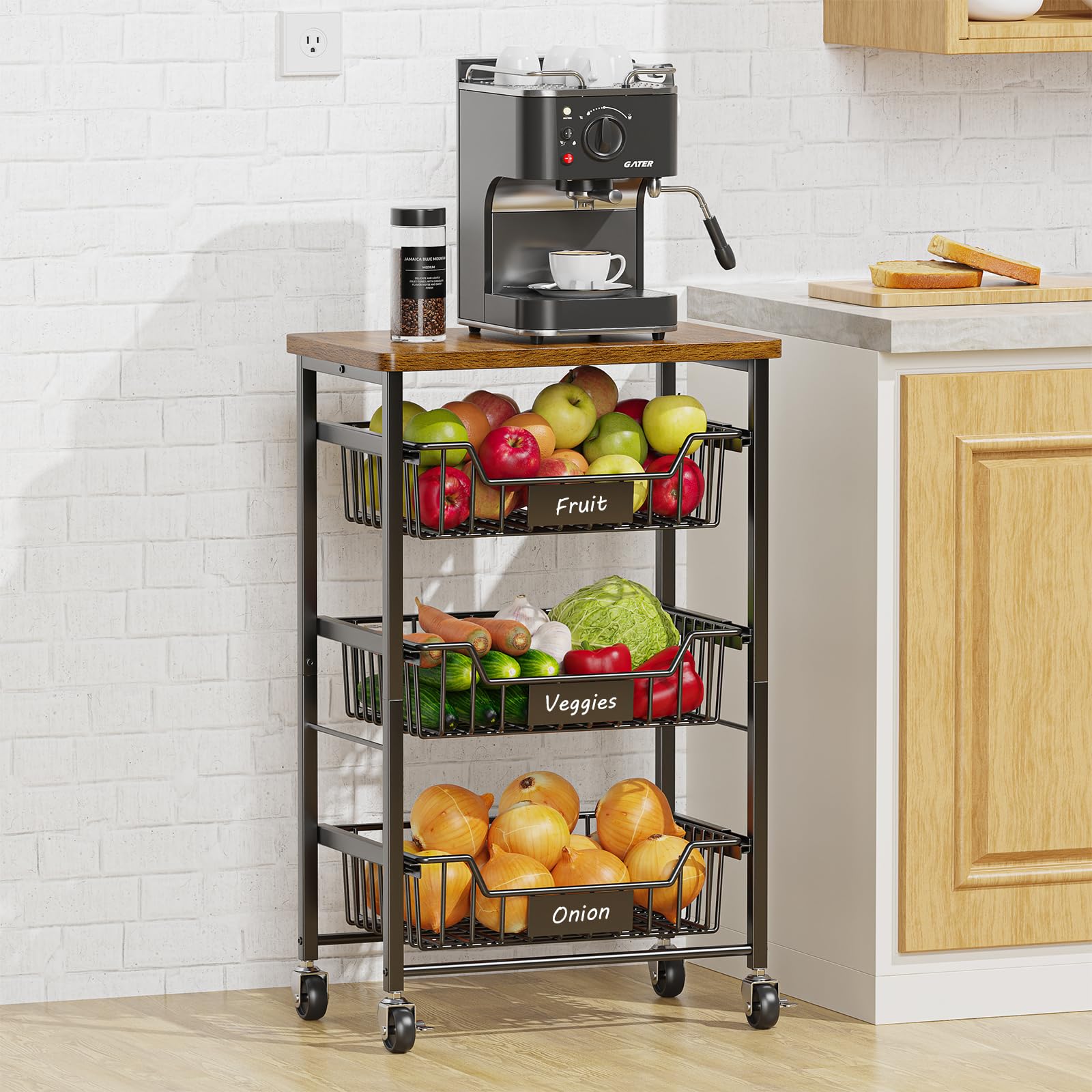 4-Tier Rolling Kitchen Cart with Pull-Out Baskets & Wood Top - Space Saving Storage for Fruits, Vegetables, Pantry Items - Perfect for Kitchen, Dining Room, Small Apartment Organization