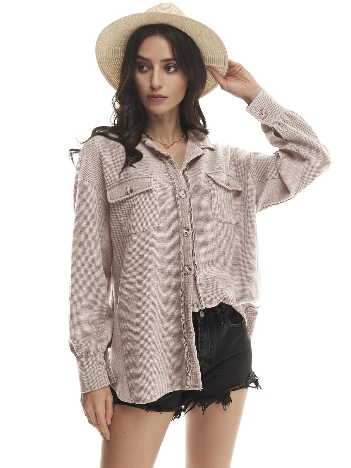 Yanekop Women's Waffle Knit Button Down Shirt Jacket - Oversized Long Sleeve Shacket for Trendy Fall & Winter Outfits 2025 | Perfect for Casual Wear, Layering, and Office Style