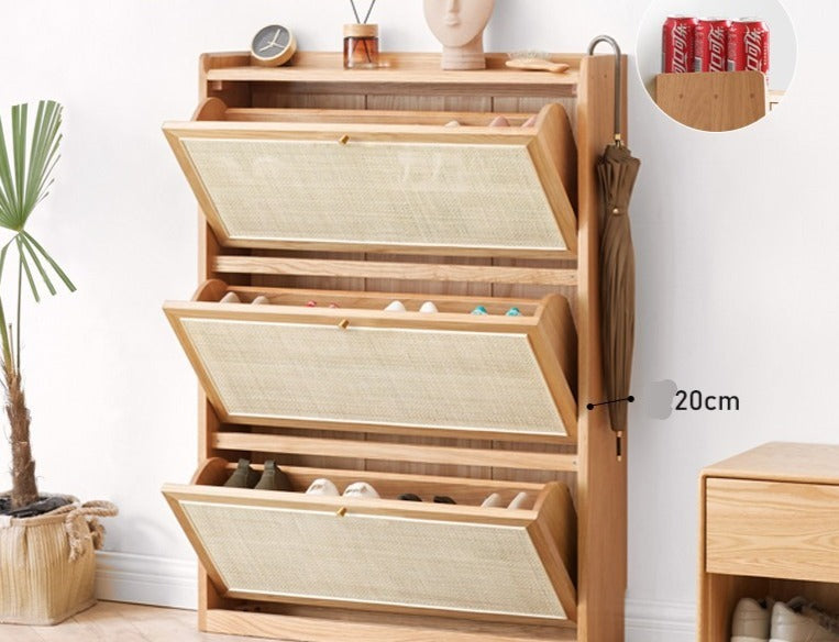 Oak Solid Wood Ultra Thin Flap Door Rattan Shoe Cabinet - Space Saving Entryway Storage Organizer for Hallway, Closet & Mudroom