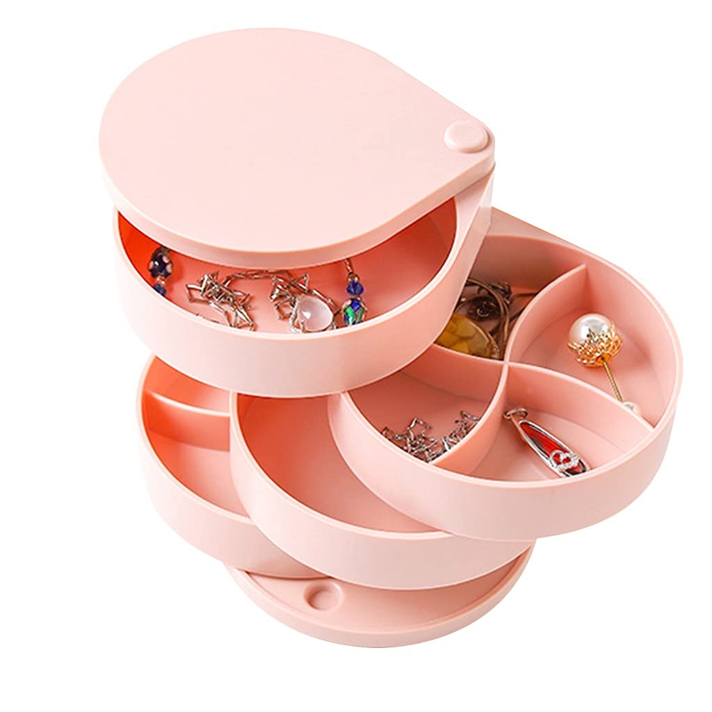 GSDNV 4-Layer Rotating Jewelry Organizer Box - Pink Plastic Jewelry Storage Case for Necklaces, Earrings, Rings | Portable Jewelry Box for Travel, Home, and Gift Giving