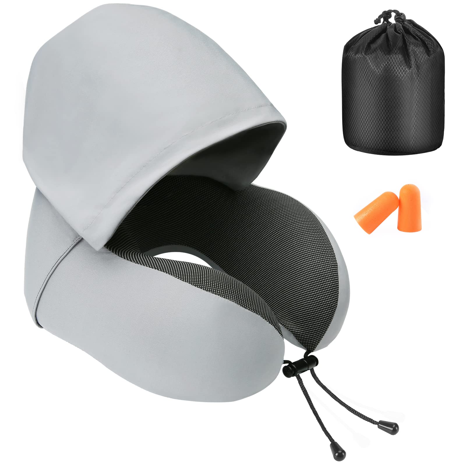 Memory Foam Travel Pillow for Neck Support - Hooded & Comfortable Neck Pillow for Adults - Airplane, Car & Train Travel Accessories - Perfect for Long Flights, Road Trips & Commuting