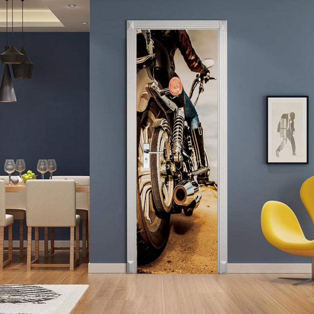 VIRANDA 3D Motorcycle Wall Decals - Self Adhesive Vinyl Door Stickers, Waterproof Peel & Stick Wall Murals for Bedroom, Living Room, Garage - 34.7 x 78.7 Inch - Easy Home Decor Upgrade for Man Cave, Office or Kids Room