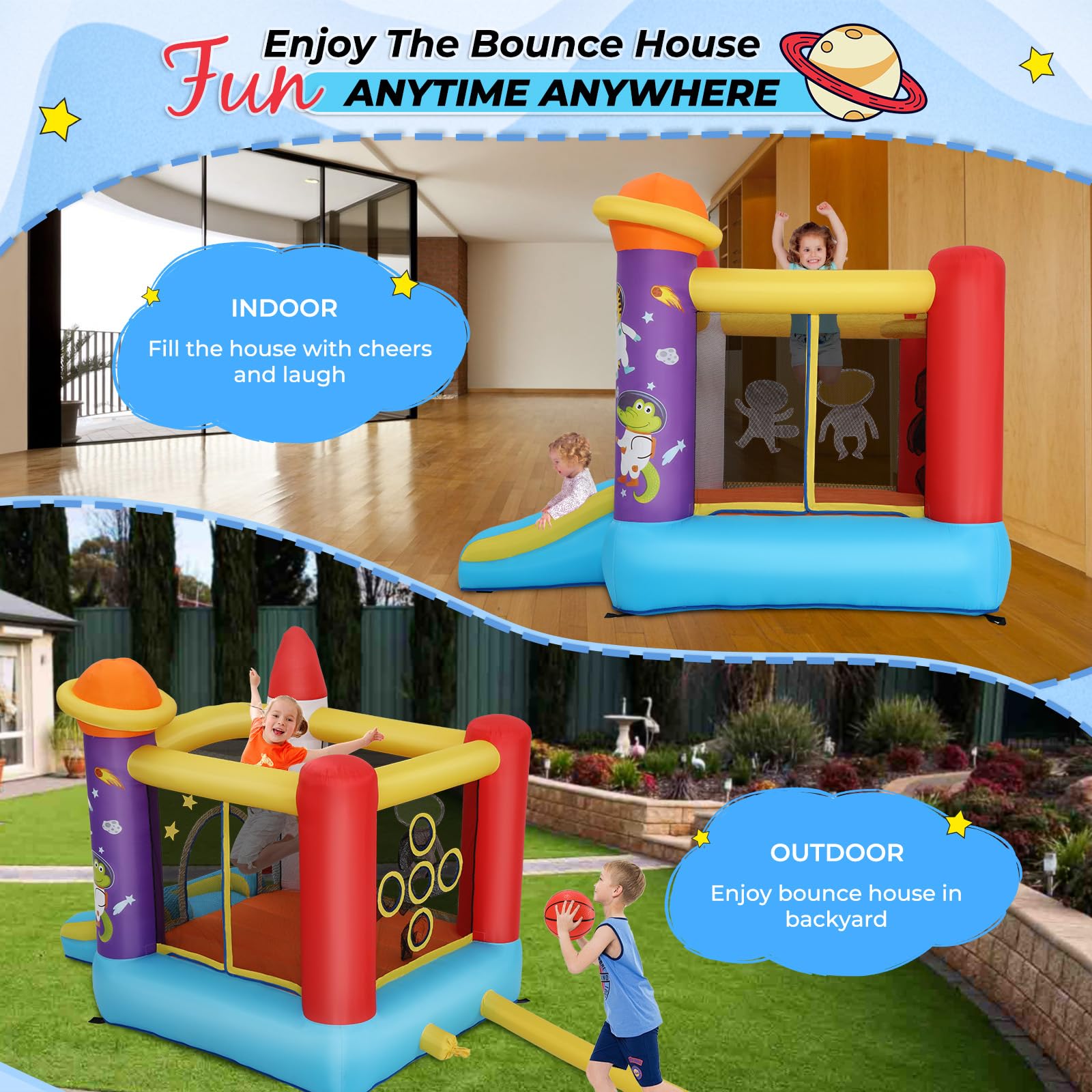 Inflatable Bounce House for Kids 2-8 Years - Astronaut Theme with Slide, Pitching Game & Photo Backdrop - 106