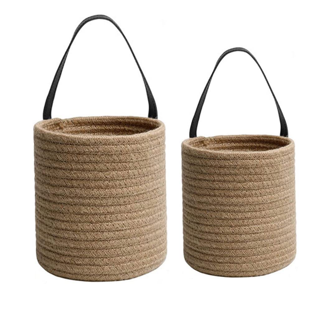 Hanging Storage Baskets - 2 Pack Woven Wall Mounted Cotton Rope Organizer with Handles for Plants, Flowers & Home Decor - Perfect for Kitchen, Bathroom & Bedroom Organization (Yellow, Style 2)