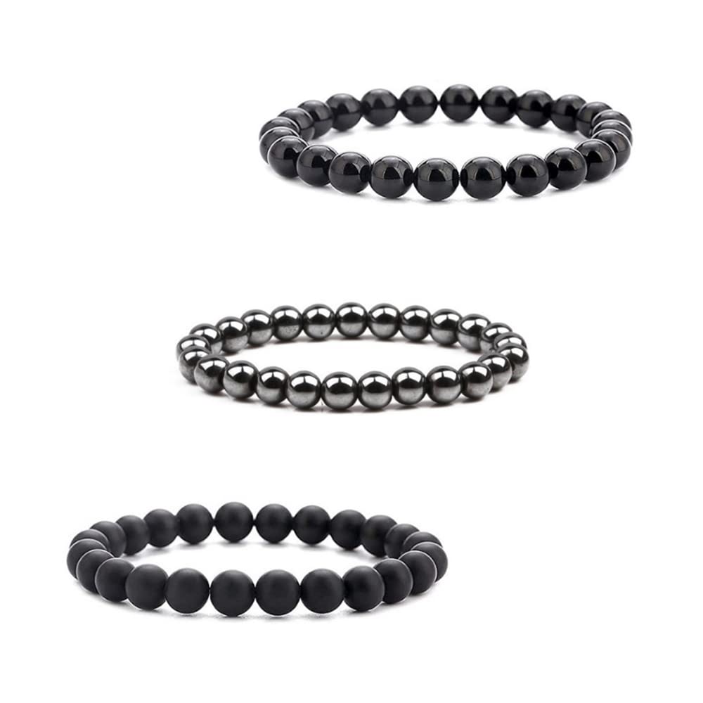 Natural Lava Rock Beads Bracelet Set for Men & Women - Stretchable Adjustable Braided Rope Gemstone Elastic Bracelets (3-Piece Set) for Meditation, Yoga, Fashion & Gift Giving