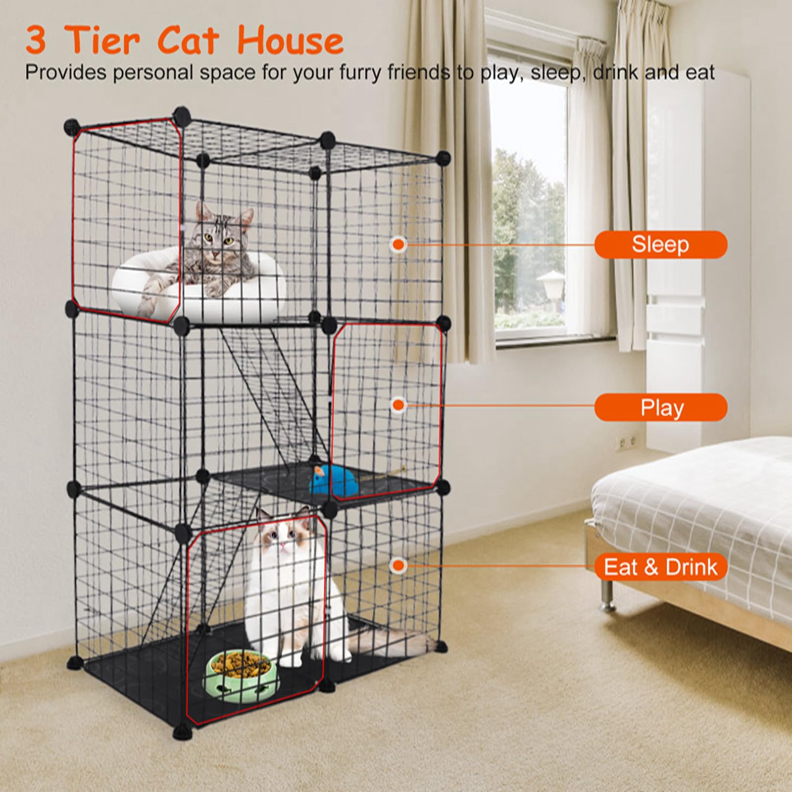 3 Tier Cat Cage Playpen - 42 Inch Indoor & Outdoor Metal Cat Enclosure with 3 Doors & 2 Ladders - Detachable Large Cat Playpen for 1-2 Cats - Easy Assembly Black Pet Exercise Pen - Perfect for Home, Garden, or Travel Use
