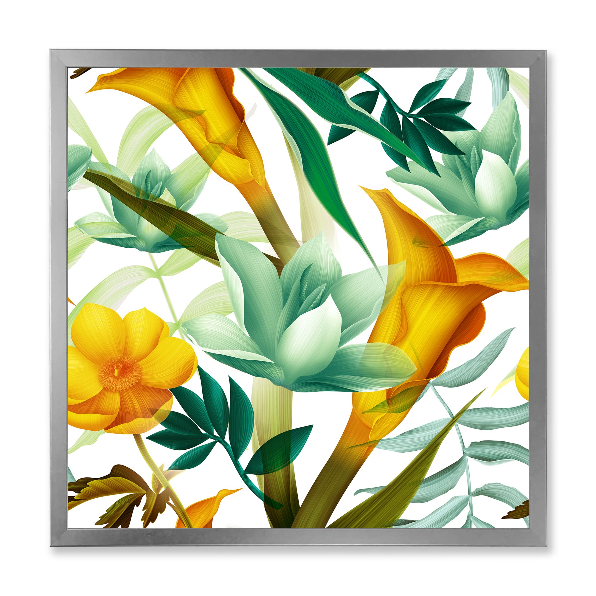 Tropical Foliage & Yellow Flowers III - Modern Framed Wall Art Print - Perfect for Living Room, Bedroom & Office Decor