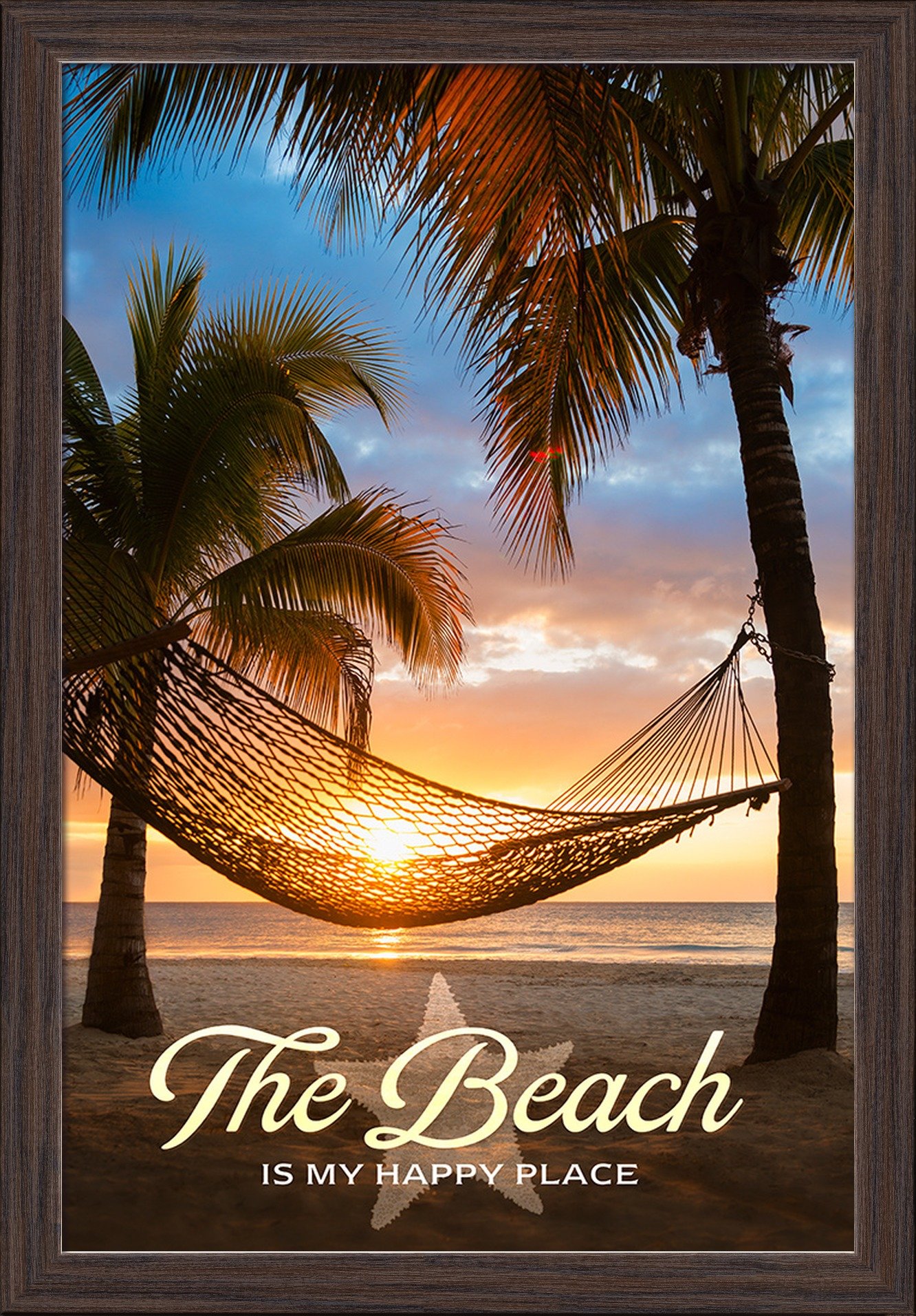 16x24 Giclee Fine Art Print - Hammock & Sunset Beach Wall Decor in Recycled Wood Frame (Espresso Brown) - Perfect for Living Room, Bedroom or Beach House Decor