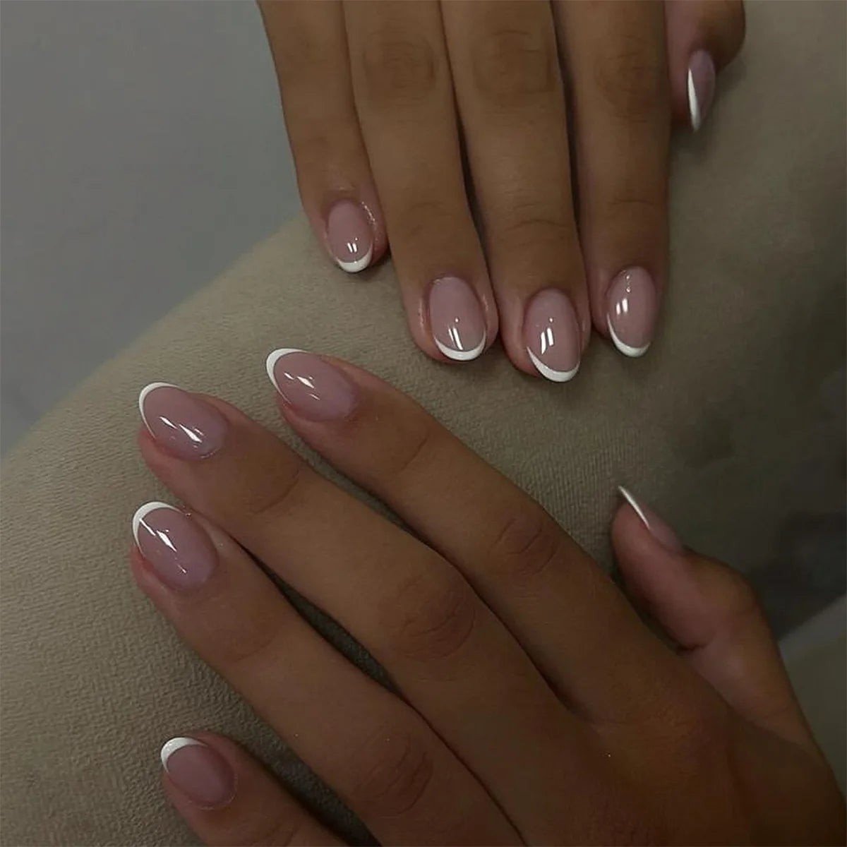 24Pcs Almond Fake Nails with Glue - Nude French Press On Nails with Black Stripes Design, Oval False Nail Tips for Women | Perfect for Parties, Weddings & Daily Wear