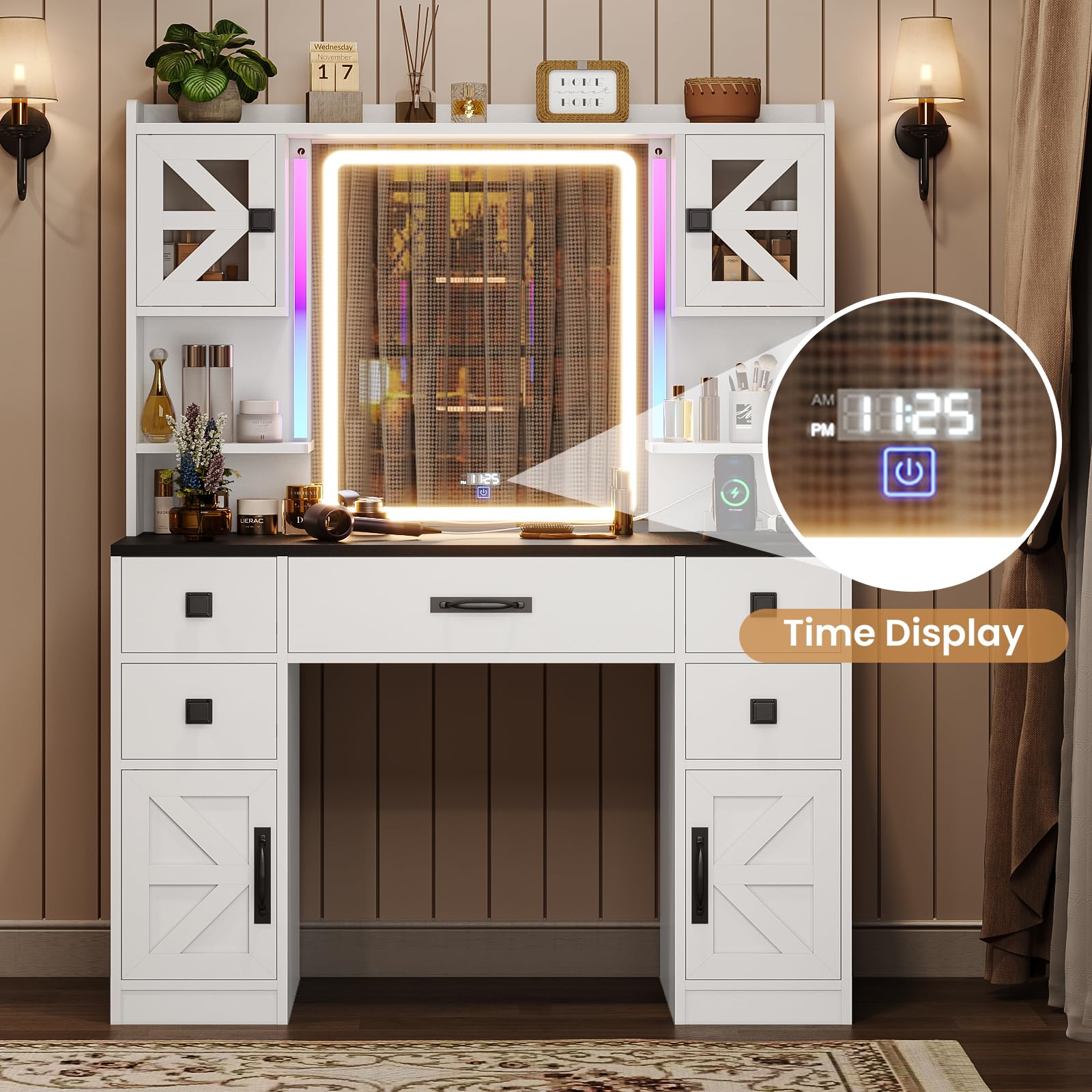 Tiptiper Farmhouse Vanity with Touch Screen Mirror & Time Display - Large Makeup Vanity with USB Charging Station, LED RGB Lights & 5 Drawers - White & Black Vanity Desk with Mirror - Perfect for Bedroom, Dressing Room & Home Salon Makeup Organization