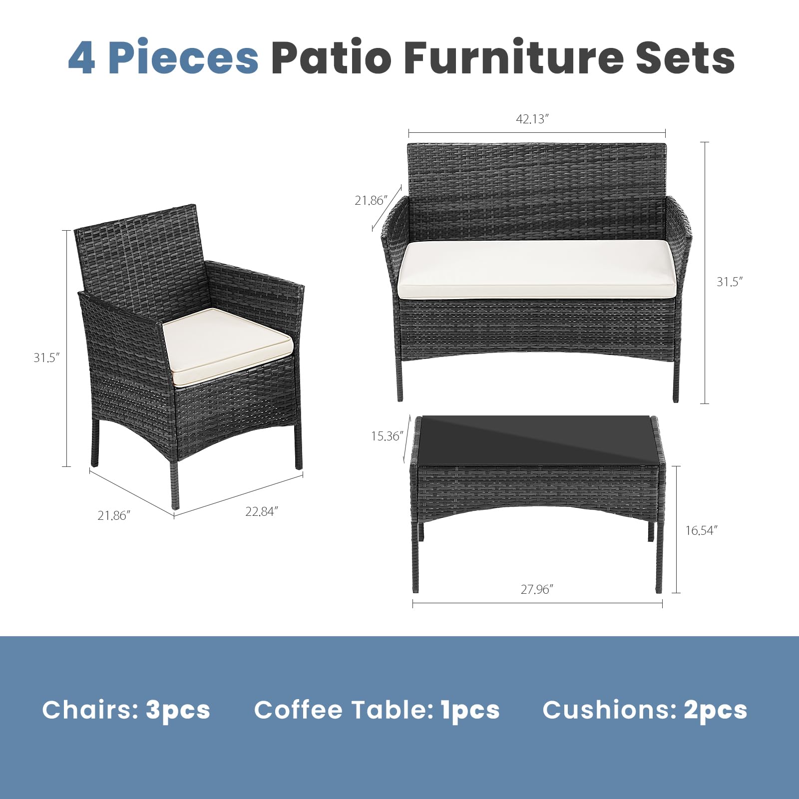 DUMOS 4-Piece Outdoor Patio Furniture Set - Modern Wicker Rattan Sofa & Coffee Table Conversation Set for Garden, Terrace, Porch, Balcony - Weather-Resistant Black & Beige Design | Perfect for Backyard Relaxation, Poolside Lounging & Outdoor Entertaining