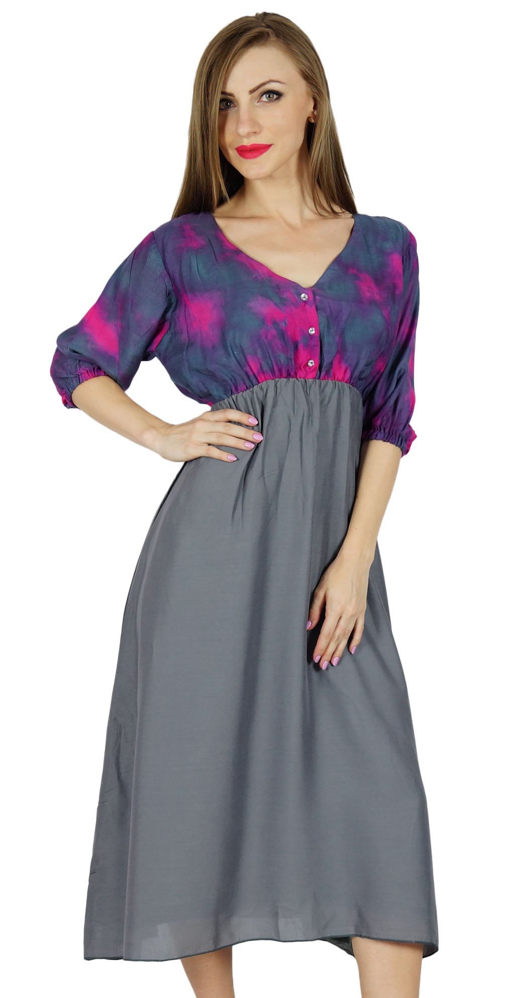 Bimba Women's Casual Midi Shift Dress - Chic Gray Rayon Day Dress with 3/4 Sleeve | Perfect for Office Wear, Brunch Dates & Summer Outings