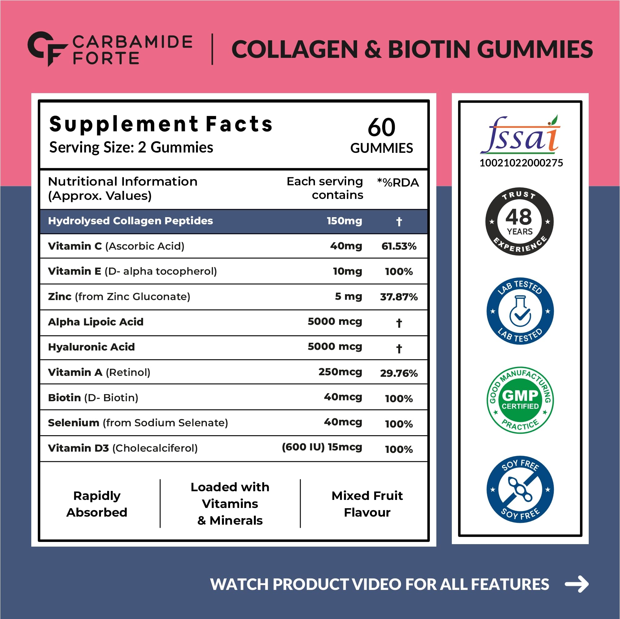 Premium Carbamide Forte Collagen Gummies for Women & Men - Hair, Skin & Nails Supplement with Biotin | Mixed Fruit Flavor | 60 Chewable Gummies for Daily Beauty Support | Perfect for Anti-Aging, Hair Growth & Skin Hydration