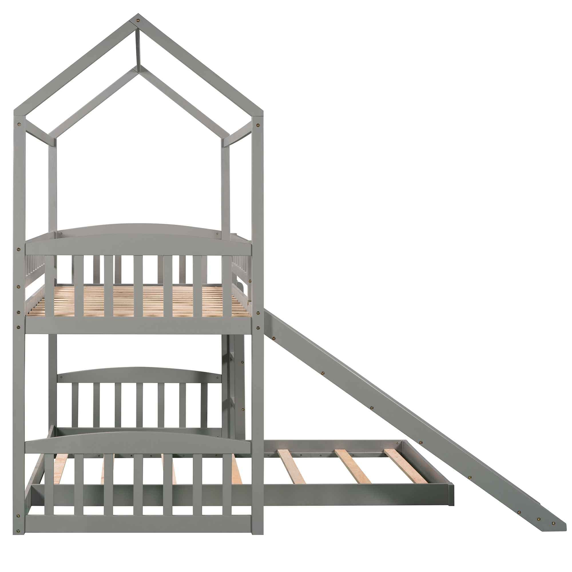 ATY House Twin Over Twin Wooden Bunk Bed for Kids with Slide, Roof, Guardrail & Ladder - No Box Spring Needed - Space-Saving Gray Bunkbed for Bedrooms, Guest Rooms & Vacation Homes