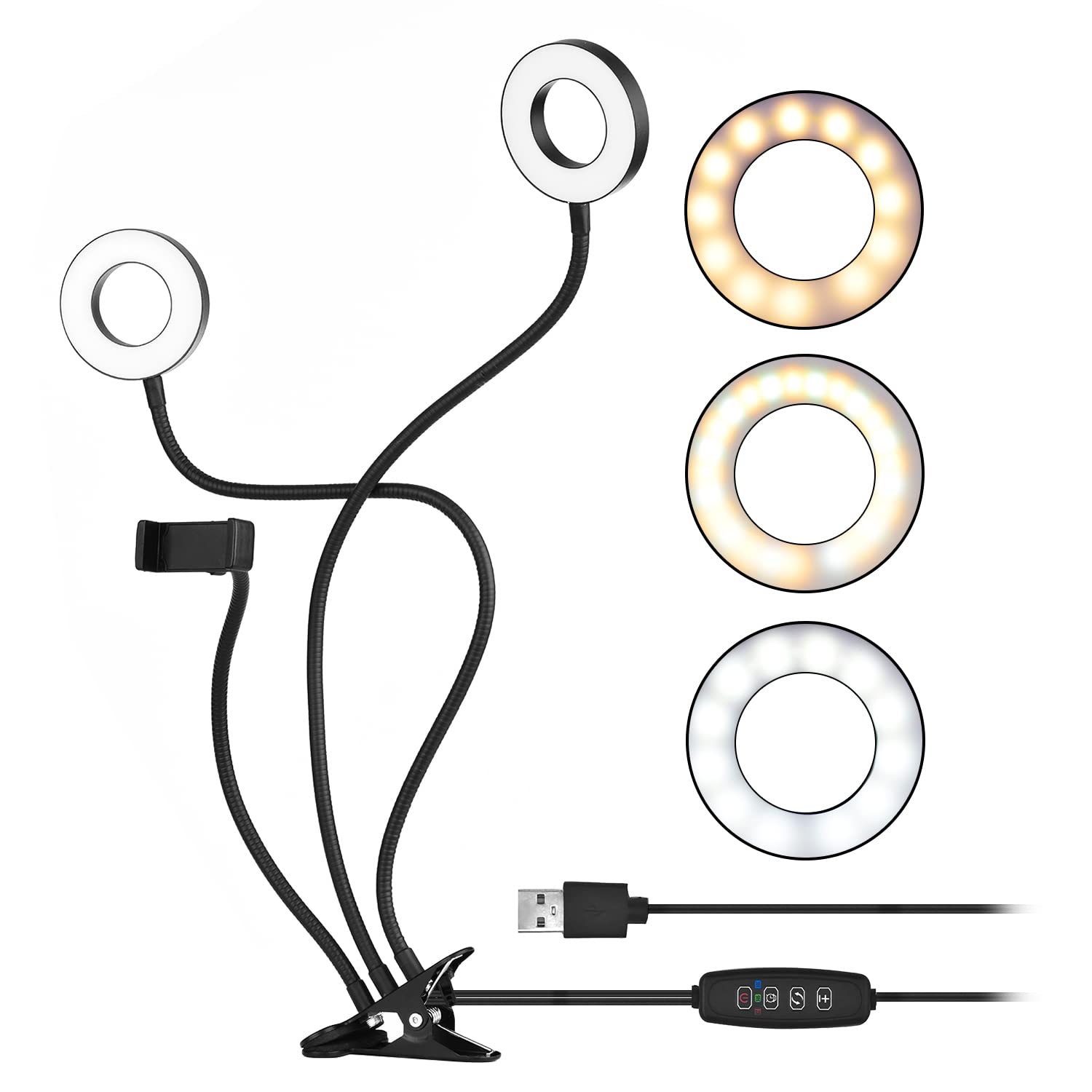 Andoer Clip-On LED Ring Light with 3 Lighting Modes & USB Power - Dimmable Dual Lights with Flexible Arms & Phone Holder for Live Streaming, Video Calls, Selfies, YouTube Videos, TikTok Content Creation & Makeup Application