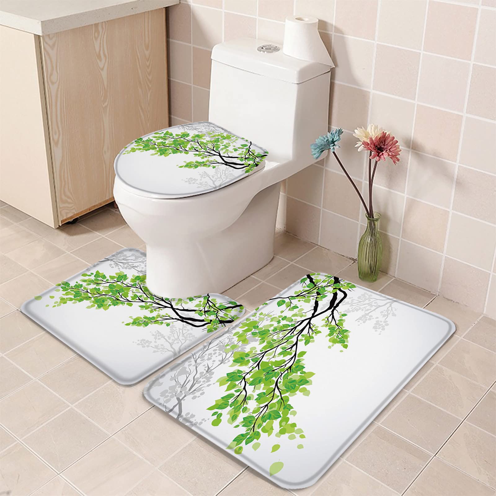 3-Piece Green Leaves Branch Art Bathroom Rug Set - Non-Slip Shower Mat, Contour Mat & Toilet Cover | Soft Absorbent Bath Mats for Bathroom Safety & Style | Perfect for Modern Home Decor