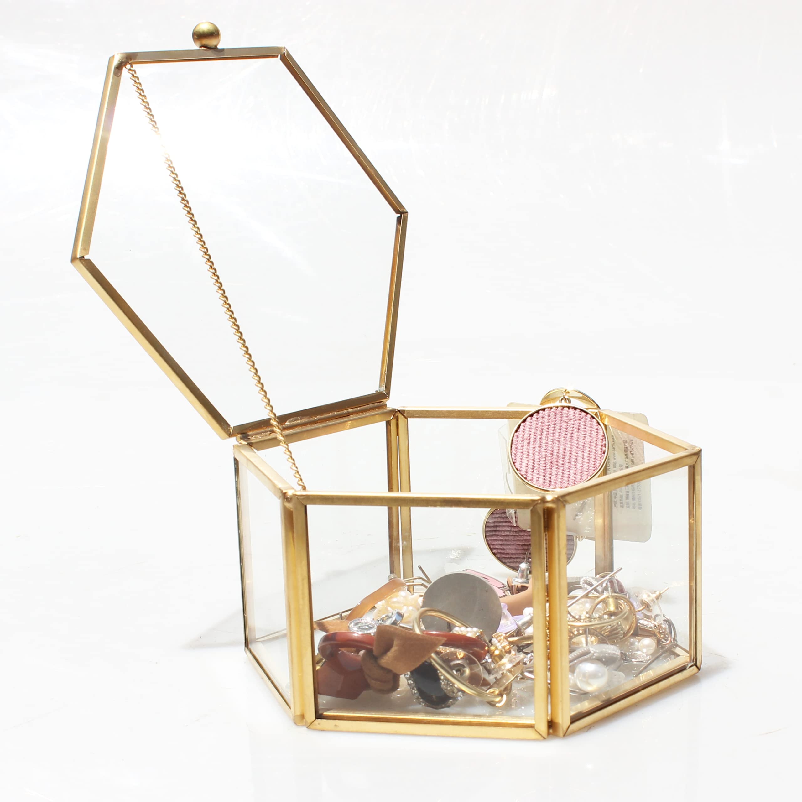 Hexagon Glass Jewelry Box - Gold Clear Decorative Storage for Rings, Earrings & Trinkets - Perfect for Valentine's Day, Wedding & Birthday Gifts - Elegant Tabletop Display for Home & Dresser Organization