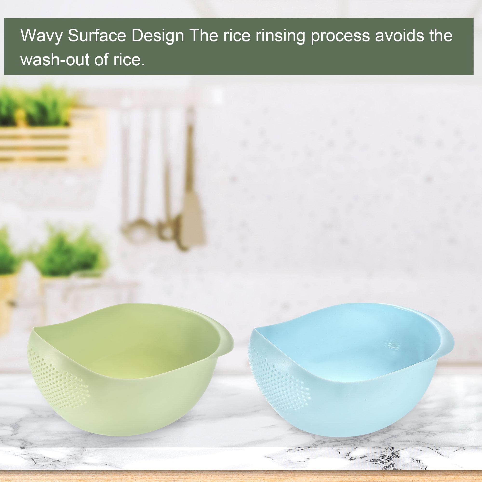 uxcell 2-Pack Rice Strainer Bowl with Handle - Rice Washing Filter Colander Basket for Cleaning Vegetables & Fruits (Blue + Green) - Perfect for Kitchen, Cooking & Meal Prep