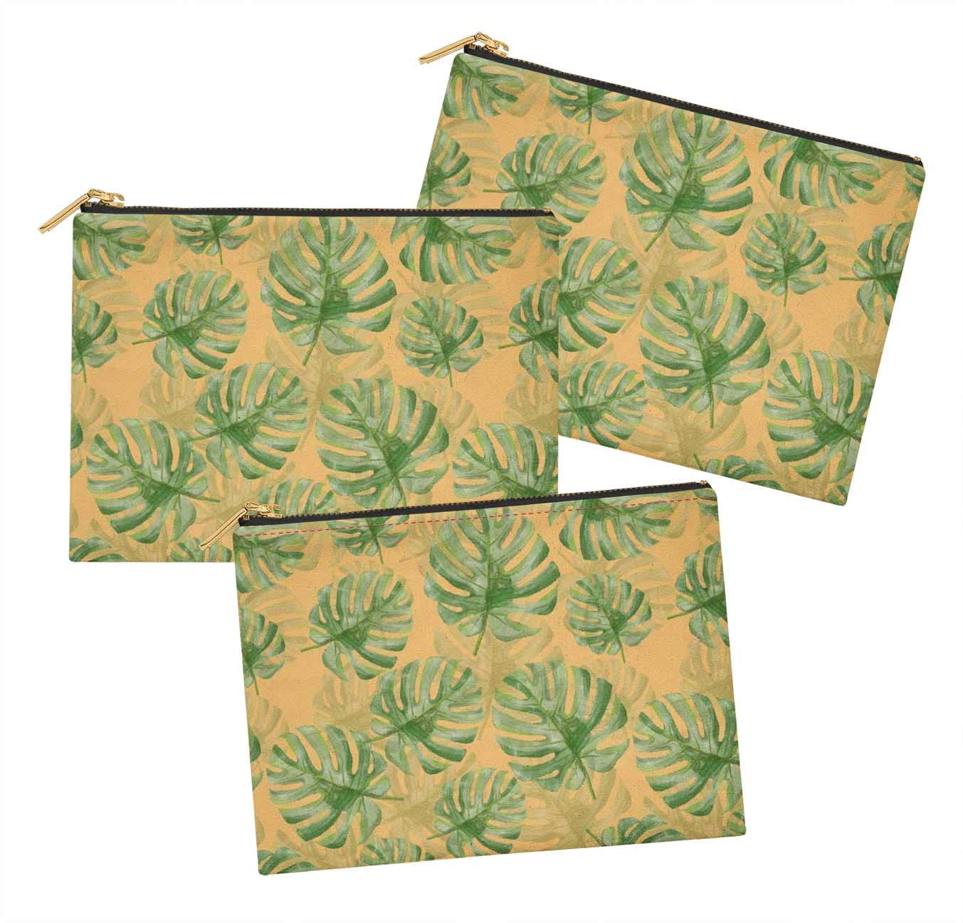 3-Pack Printed Orange Monstera Leaves Cosmetic Bags - 6x8 Inch Makeup Pouch & Toiletry Organizer for Travel, Gym & Daily Essentials | Waterproof Coin Purse & Small Accessories Storage