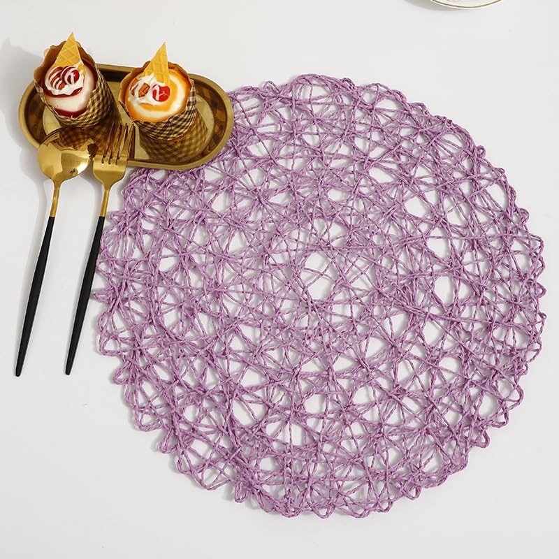 IcosaMro 6-Pack Purple Round Placemats Set - 15 Inch Boho Woven Paper Placemats for Dining Table - Decorative Circle Mats for Wedding, Christmas, Thanksgiving & Holiday Dinner - Lavender Color - Perfect for Home Decor, Party Table Settings & Seasonal Celebrations