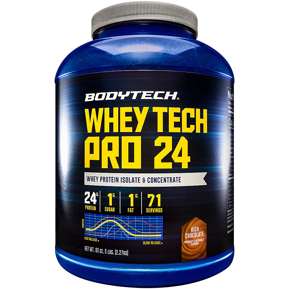 BodyTech Whey Tech Pro24 Protein Powder - 24g Protein Per Serving, Rich Chocolate Flavor for Muscle Growth & Recovery | Whey Protein Supplement for Athletes, Gym Workouts & Post-Exercise Recovery (5 lbs / 71 Servings)