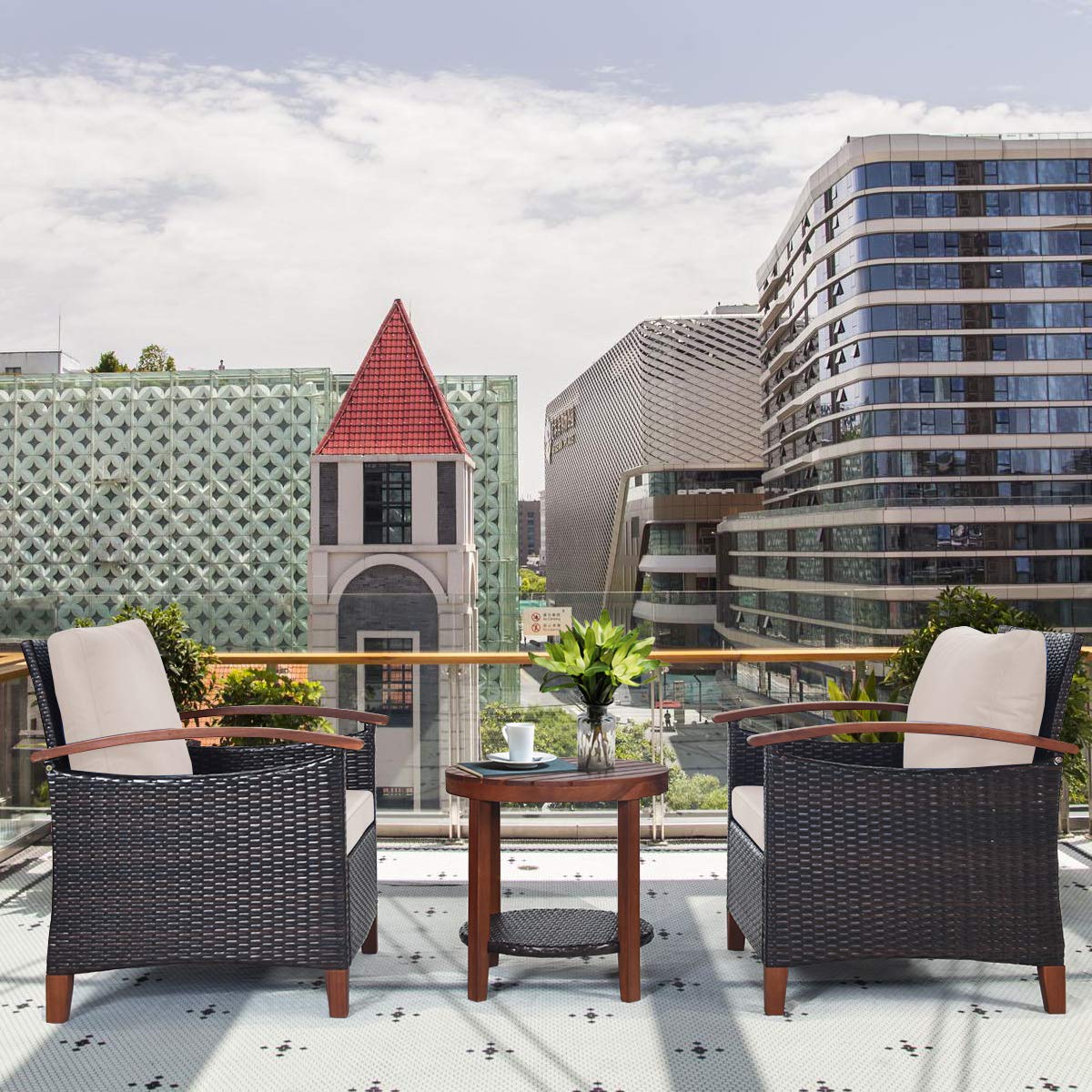 RELAX4LIFE 3-Piece Outdoor Patio Furniture Set - 2 Wicker Chairs with Acacia Wood Table & Removable Cushions, Rattan Sofa Set for Garden, Porch, Balcony (Beige) - Perfect for Relaxing, Entertaining, and Outdoor Dining