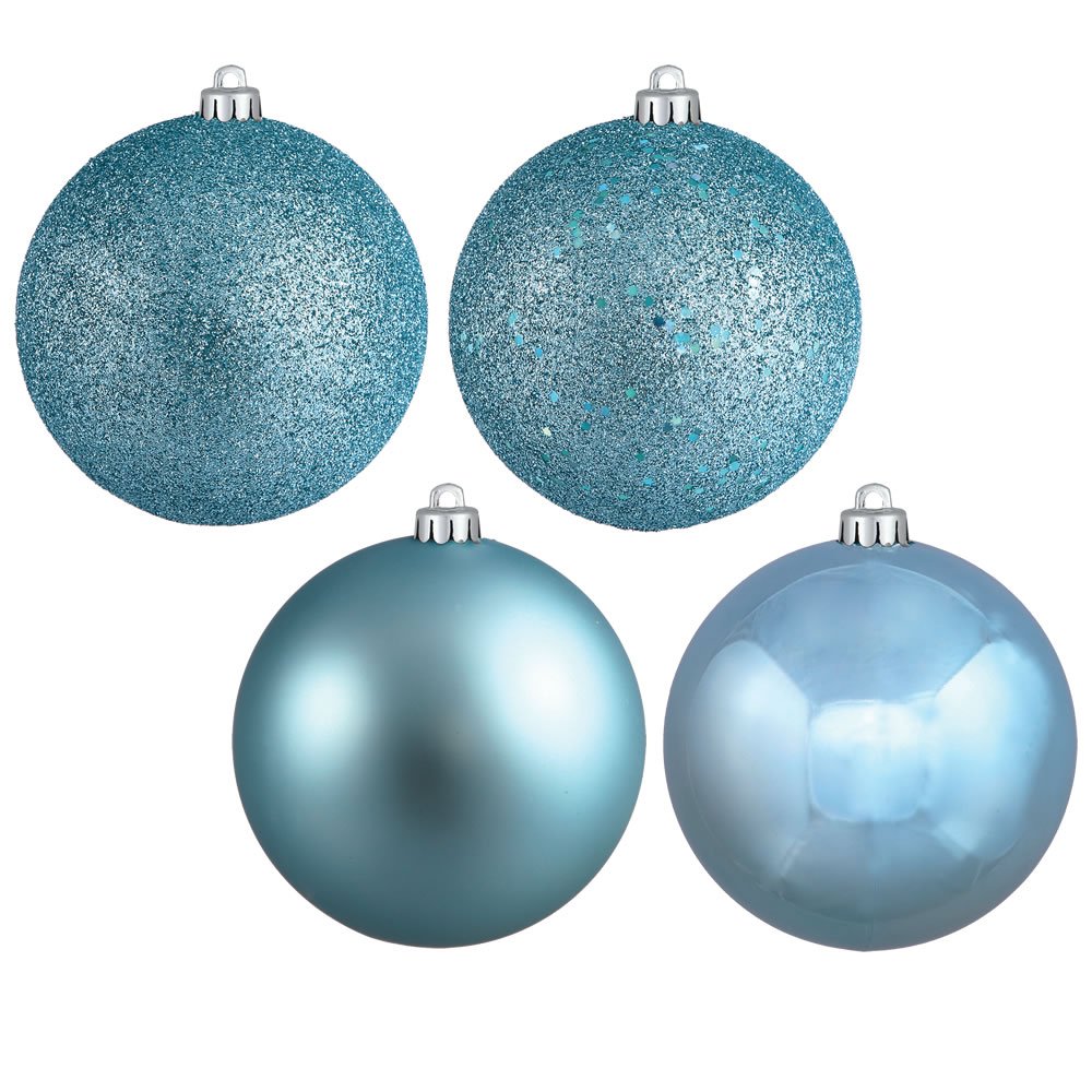 Vickerman 12-Inch Baby Blue Christmas Ball Ornament Set - 4-Pack with 4 Unique Finishes for Holiday Tree Decorations | Perfect for Xmas Tree, Wreaths, and Festive Home Decor