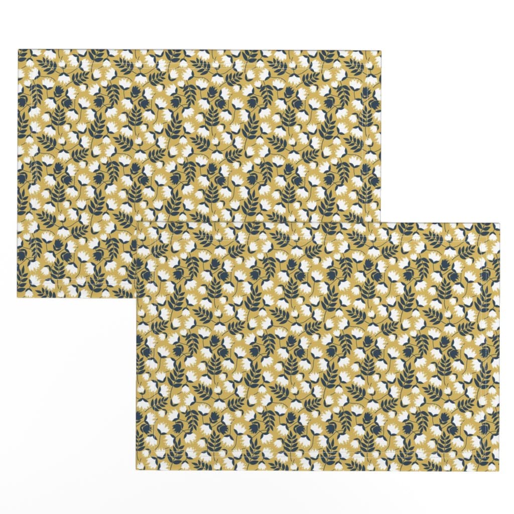 Premium Linen Cotton Canvas Placemats Set of 2 - Spring Floral Design with White Flowers & Mustard Blue Navy Print | Elegant Dining Table Decor for Kitchen, Dinner Party & Home Decor