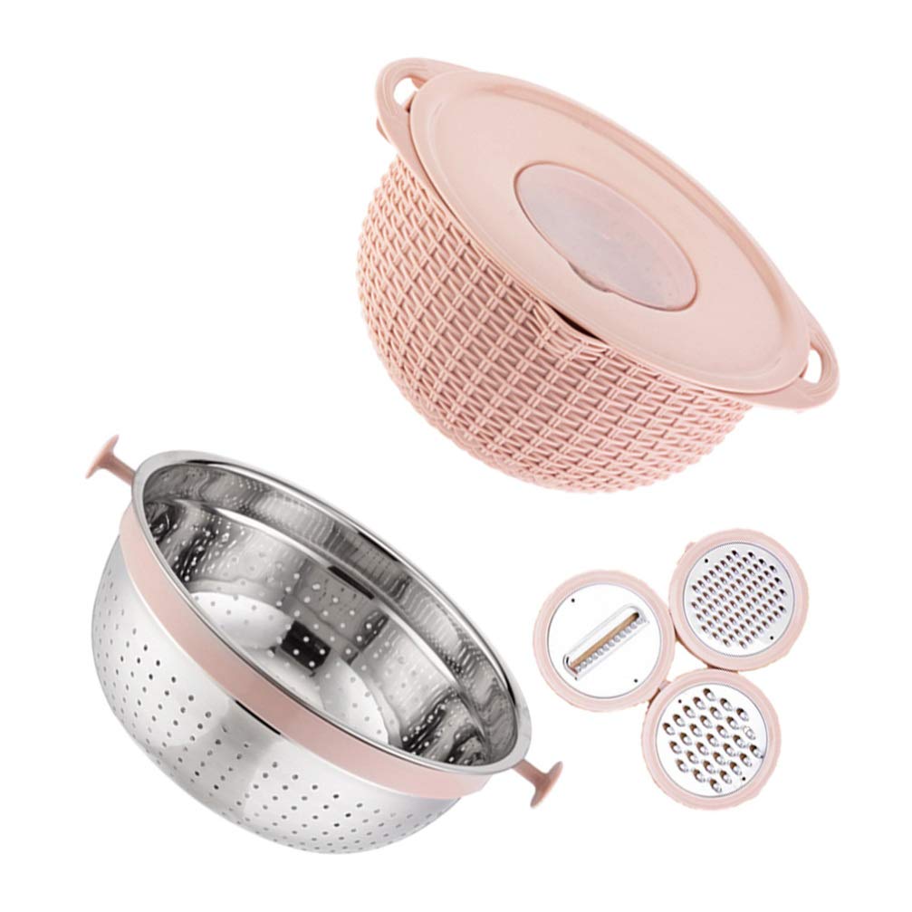 Hemoton 7-Piece Stainless Steel Vegetable Washing Basket Set with Drain Basin, Grater & Strainer - Perfect for Washing Fruits, Vegetables, and Salad Prep in Kitchen