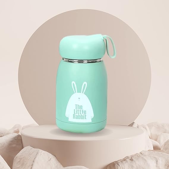 320ml Insulated Kids Water Bottle with Rabbit Design - Vacuum Stainless Steel Thermos for Home, Travel, Office, School & Picnic (Light Green) - Keeps Drinks Cold/Hot for Hours
