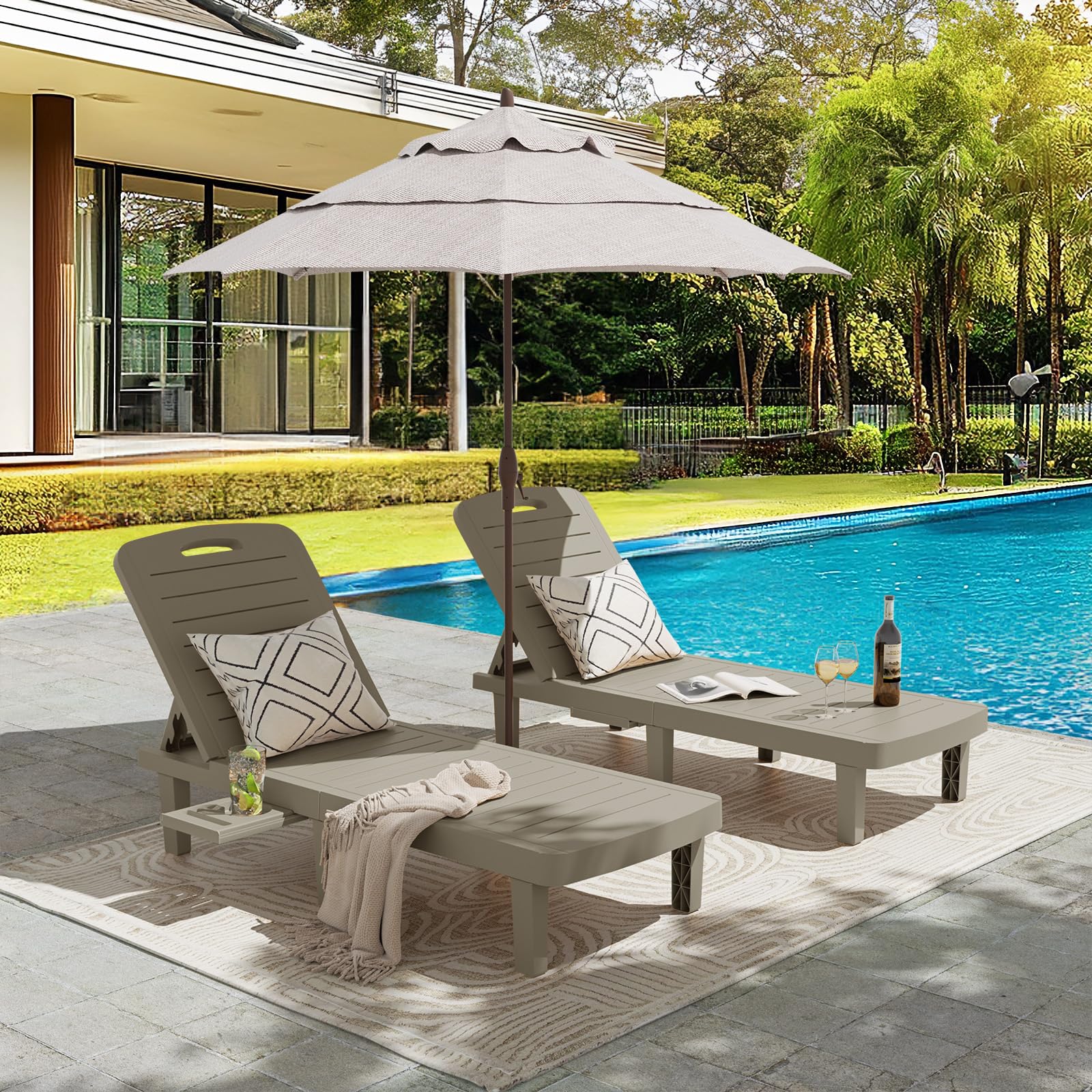 **2-Pack Oversized Outdoor Lounge Chairs - Adjustable Backrest Patio Chaise with Cup Holder, Weather-Resistant Resin Poolside & Beach Chairs for Garden, Yard, or Backyard Relaxation - Perfect for Sunbathing, Lounging by the Pool, or Outdoor Entertaining - Grey**