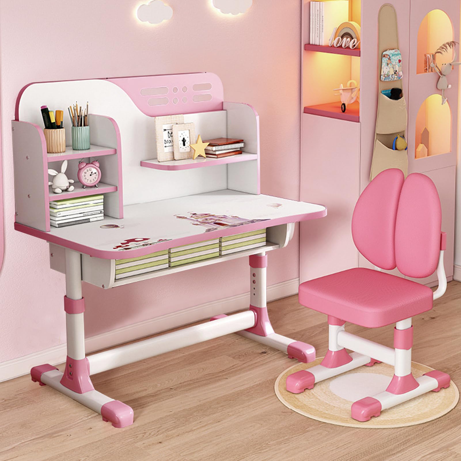 **Adjustable Kids Study Desk and Chair Set with Astronaut Design - Ergonomic Children's Standing Desk, Writing Board, Bookshelf & Drawer - Perfect for School, Homework & Online Learning (Pink)**